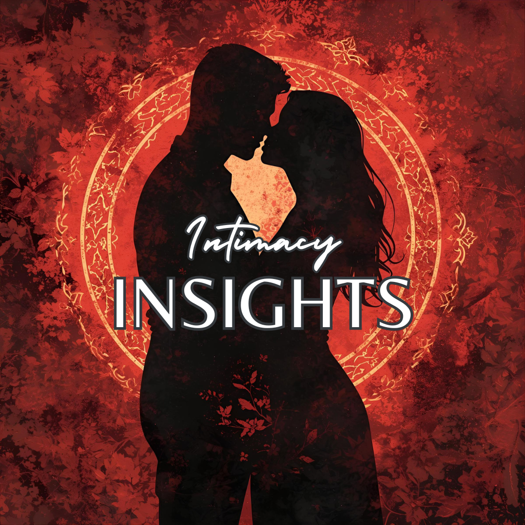 Silhouette of a couple embracing with 'Intimacy Insights' text on a red background