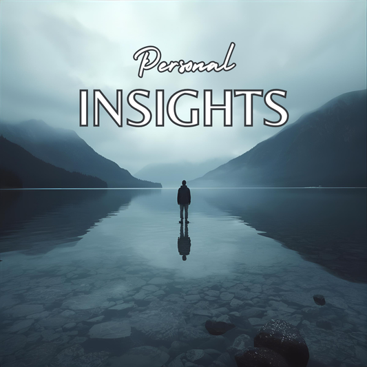 Person standing on a reflective lake with mountains in the background, text 'Personal Insights' above.
