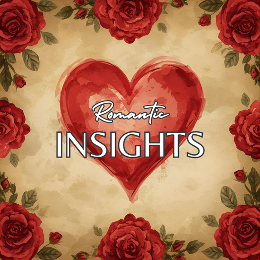 Heart-shaped design with red roses and 'Romantic Insights' text on a textured background