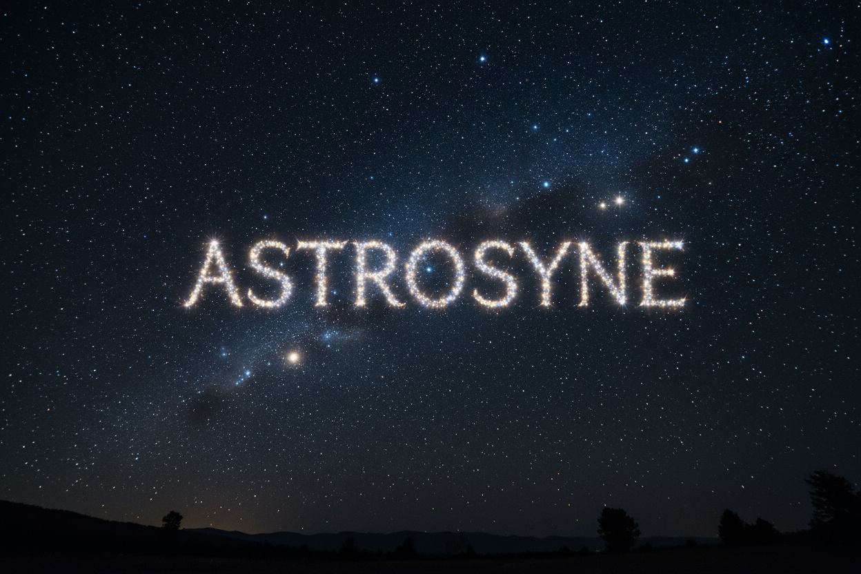 rich night sky with lit up with stars that reads "ASTROSYNE"